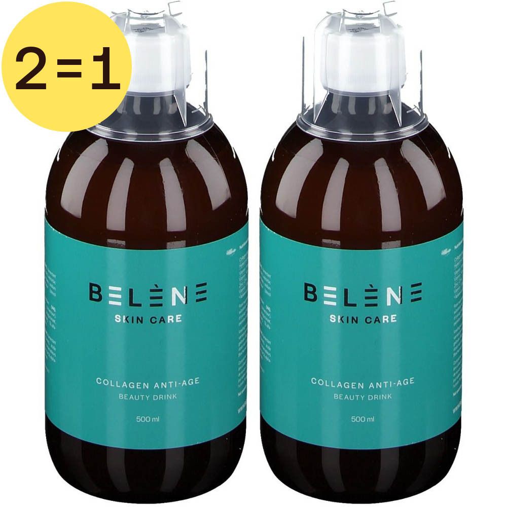 Twee flessen Belène Skin Care Collagen Anti-Age Beauty Drink. Turquoise etiketten, heldere flessen, geel 2=1 label.