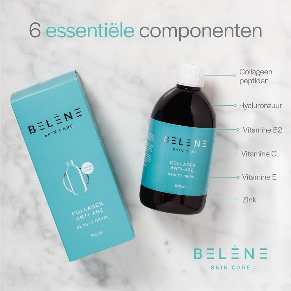 Een fles en een doos BELENE Collagen Anti-Age Beauty Drink. 6 essentiële componenten.