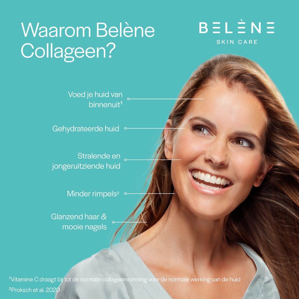 Lachende vrouw. Tekst: Waarom Belène Collageen? Huid, rimpels, haar, nagels.