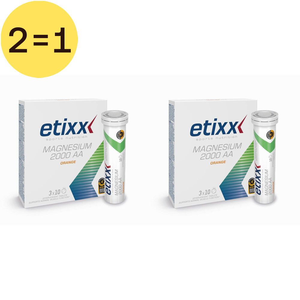 Deux boîtes de Etixx Magnesium 2000 AA, une avec 3x10 comprimés, l'autre avec un comprimé. Inscription "2=1".