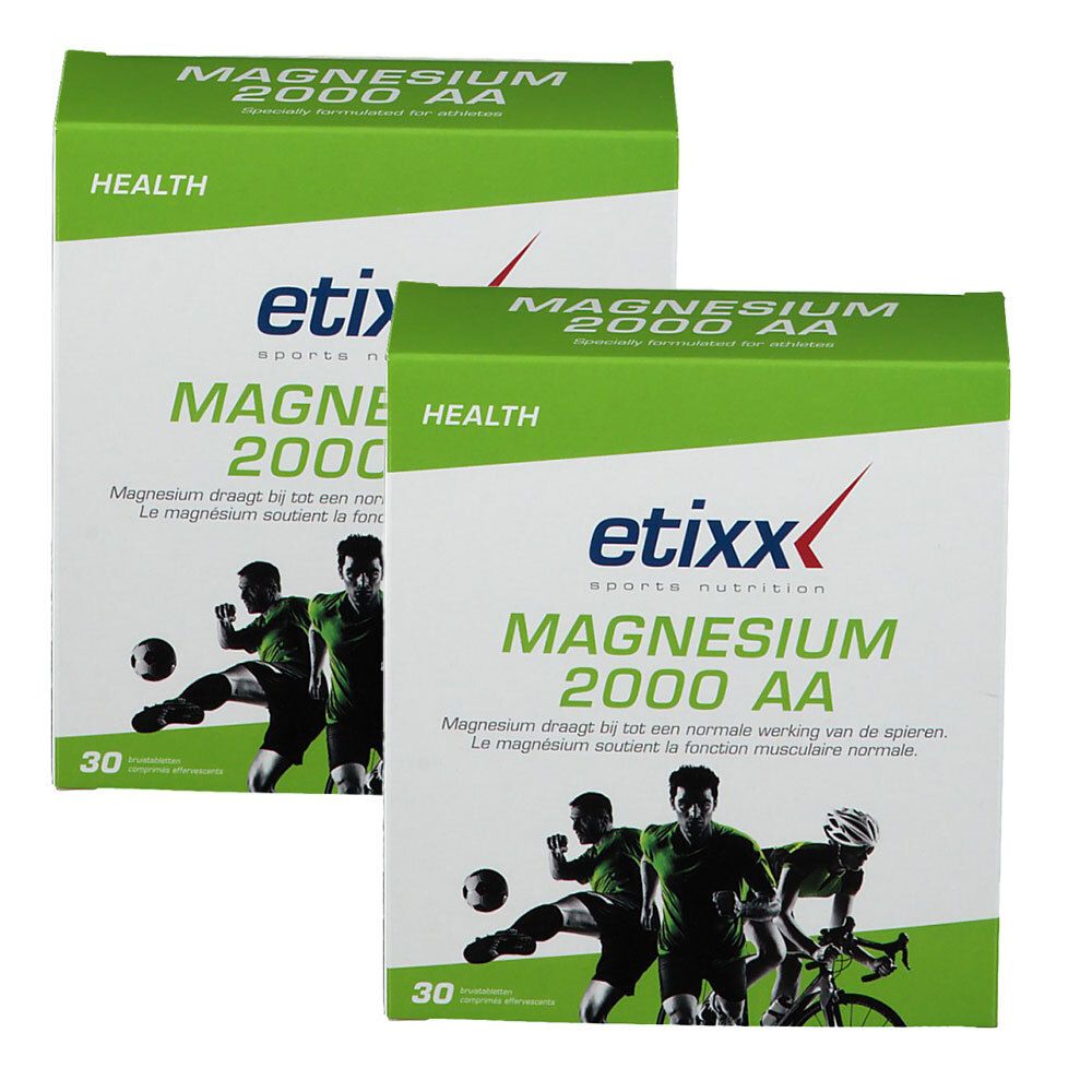 Deux boîtes de comprimés effervescents Etixx Magnesium 2000 AA avec des sportifs sur le devant.