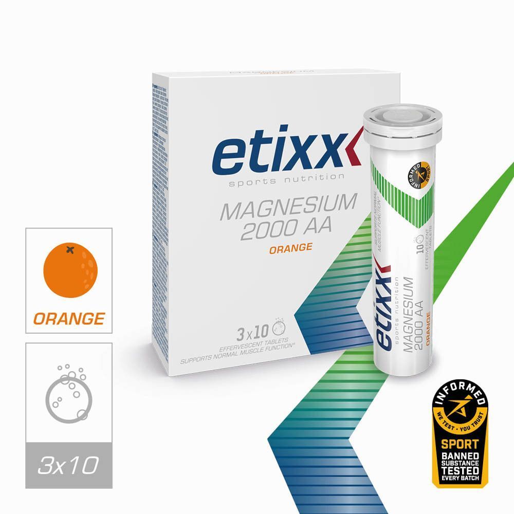 Etixx Magnesium 2000 AA. Boîte et tube blancs. Tube à rayures vertes et blanches. 3x10 comprimés. Goût orange. Certification sportive.