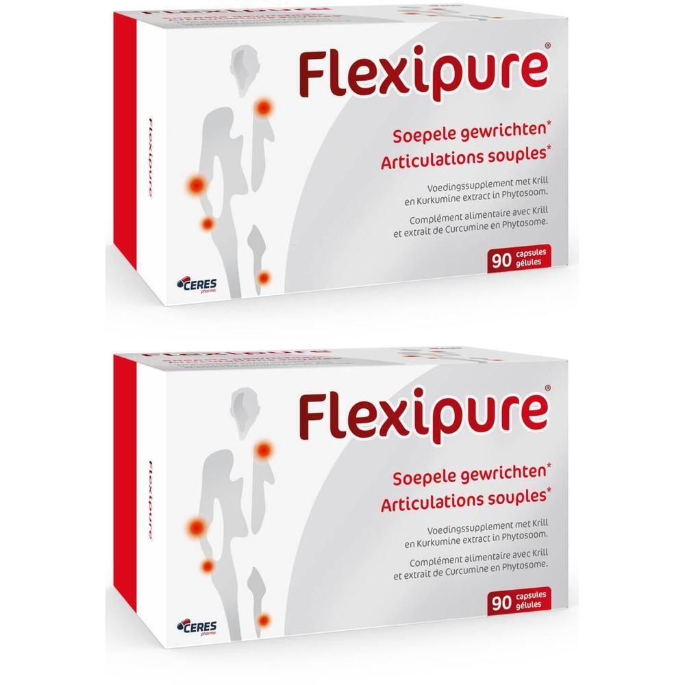 Deux boîtes de Flexipure avec une illustration du corps humain mettant en évidence les articulations.