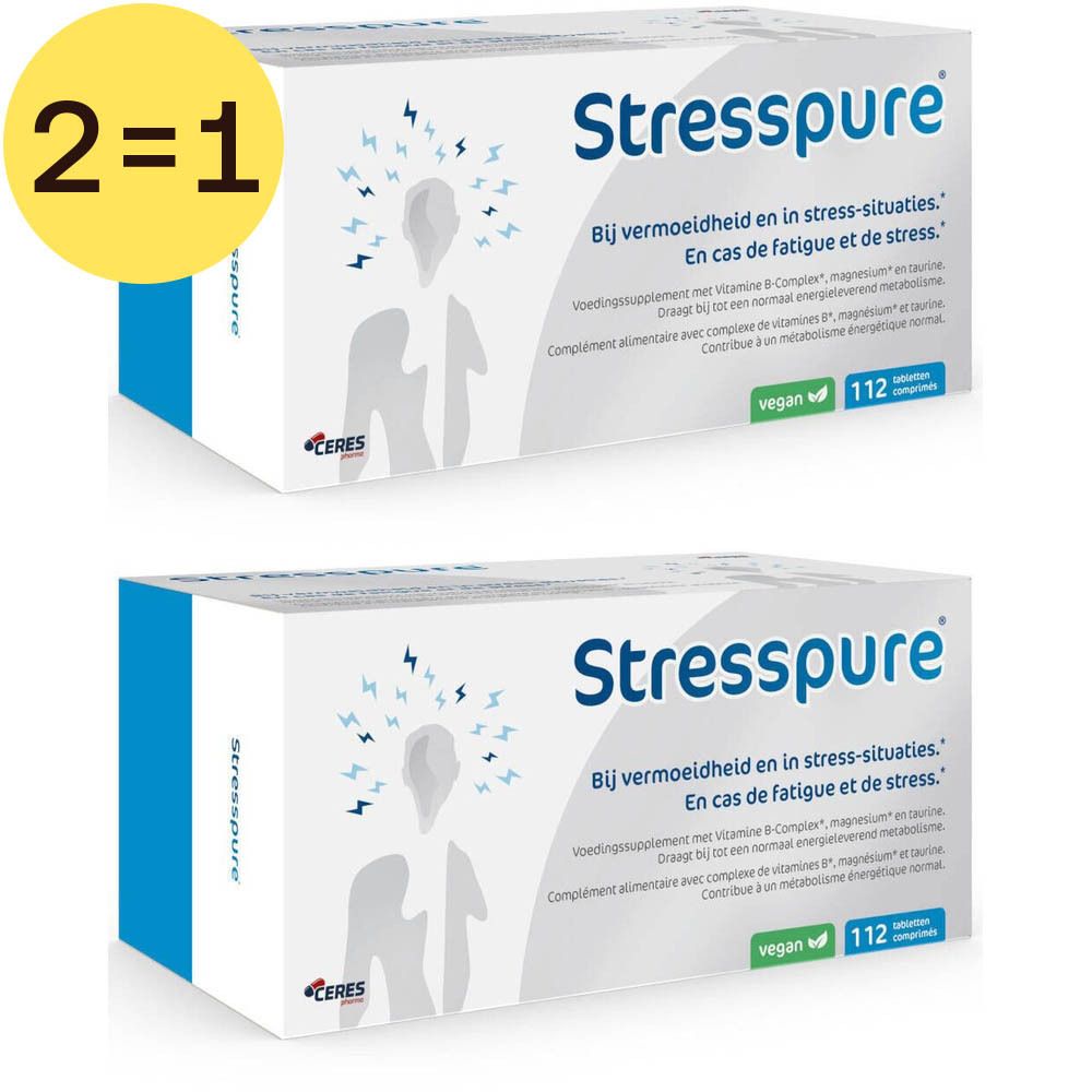 Twee dozen StressPure, wit met blauwe tekst. Opschrift: 112 tabletten, vegan.