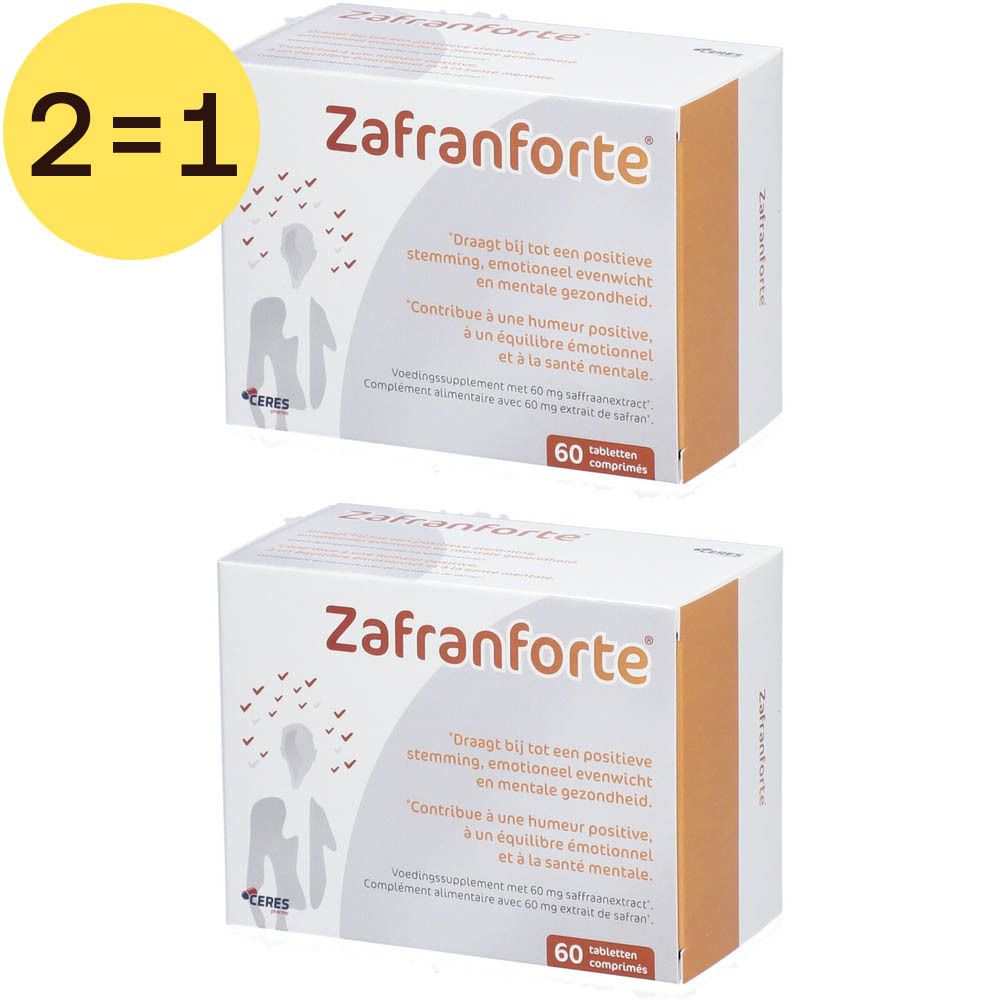 Twee verpakkingen Zafranforte. Witte dozen met oranje accenten. Tekst: Zafranforte, 60 tabletten. 2=1 actie.