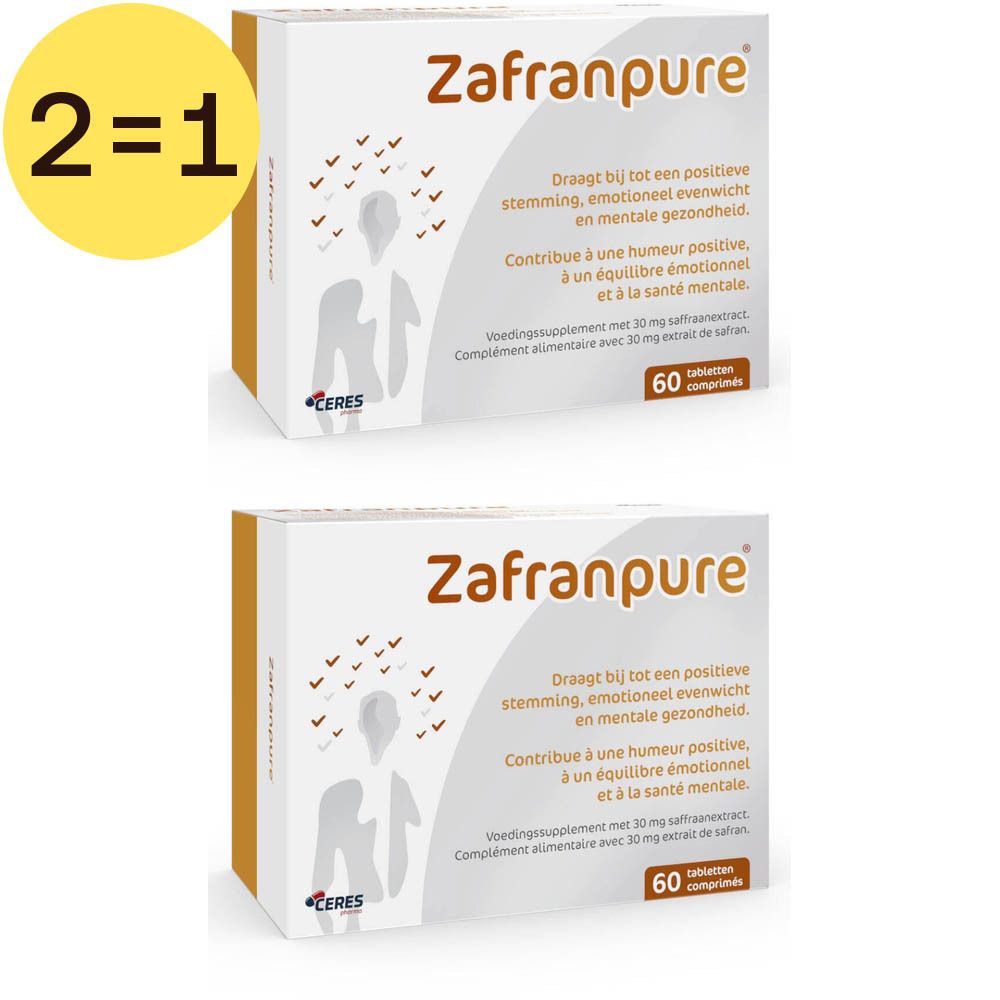 Deux boîtes ZafranPure. Boîtes blanches avec nom et texte du produit. 60 comprimés. Étiquette jaune 2=1.