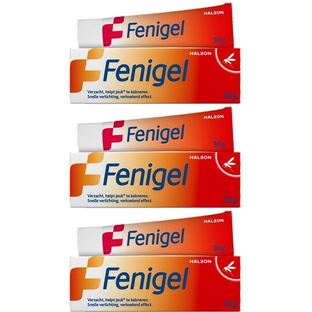 Zes tubes Fenigel. Rode en witte verpakking met productnaam en logo. 30g. Tekst: Verzacht, helpt jeuk te kalmeren. Snelle verlichting.