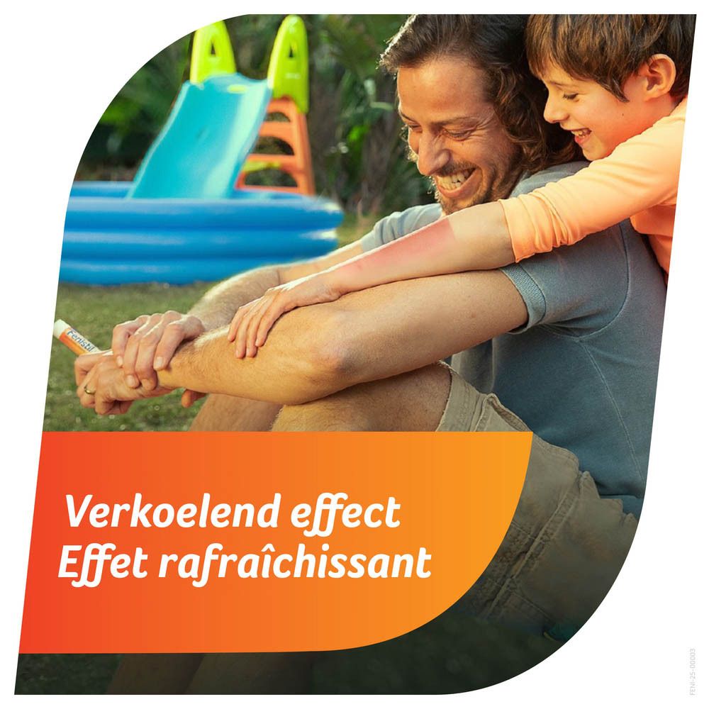 Man en kind in de tuin. Tekst: Verkoelend effect, Effet rafraîchissant.