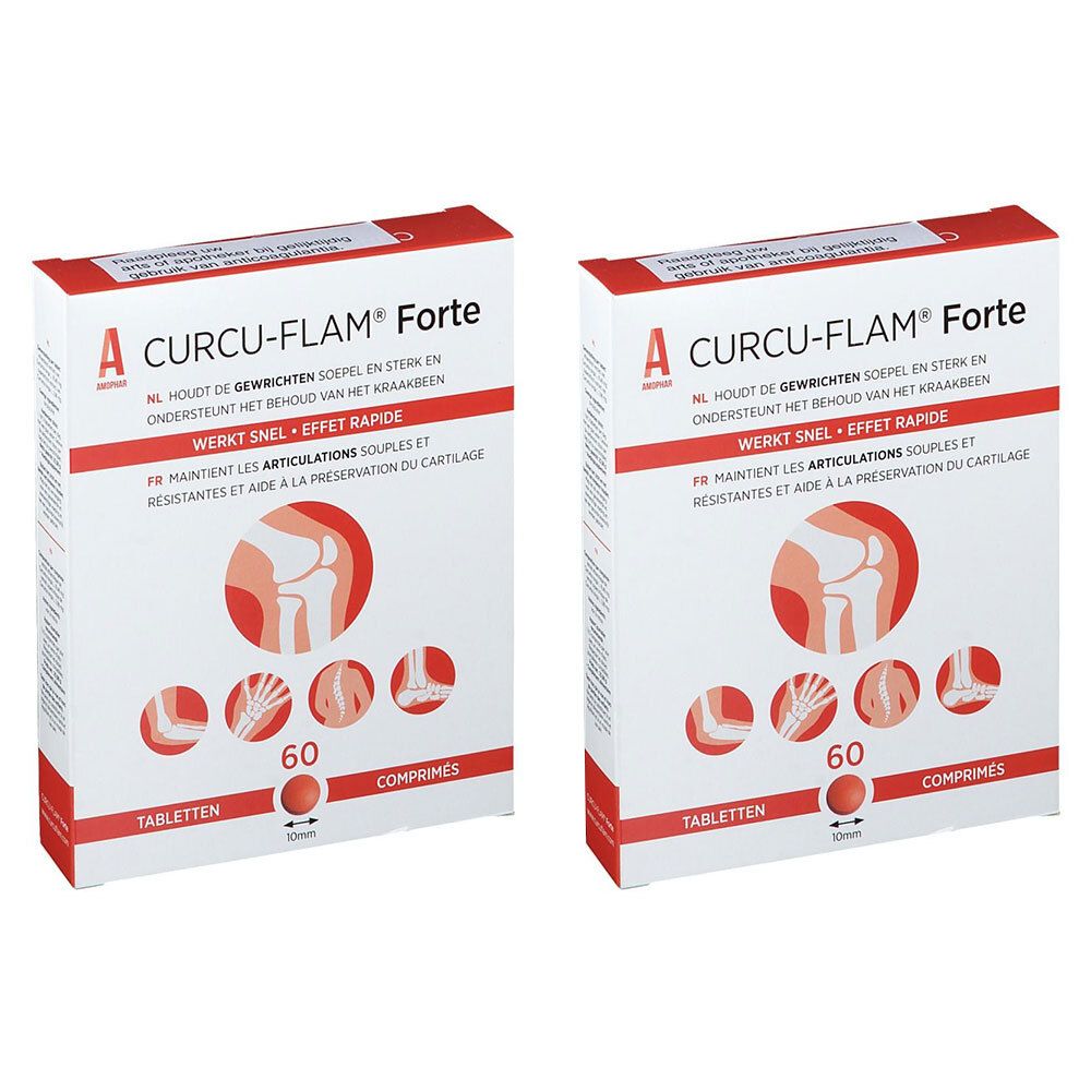 Deux boîtes de Curcu-Flam Forte. Emballage blanc avec texte et illustrations rouges. Contient 60 comprimés.