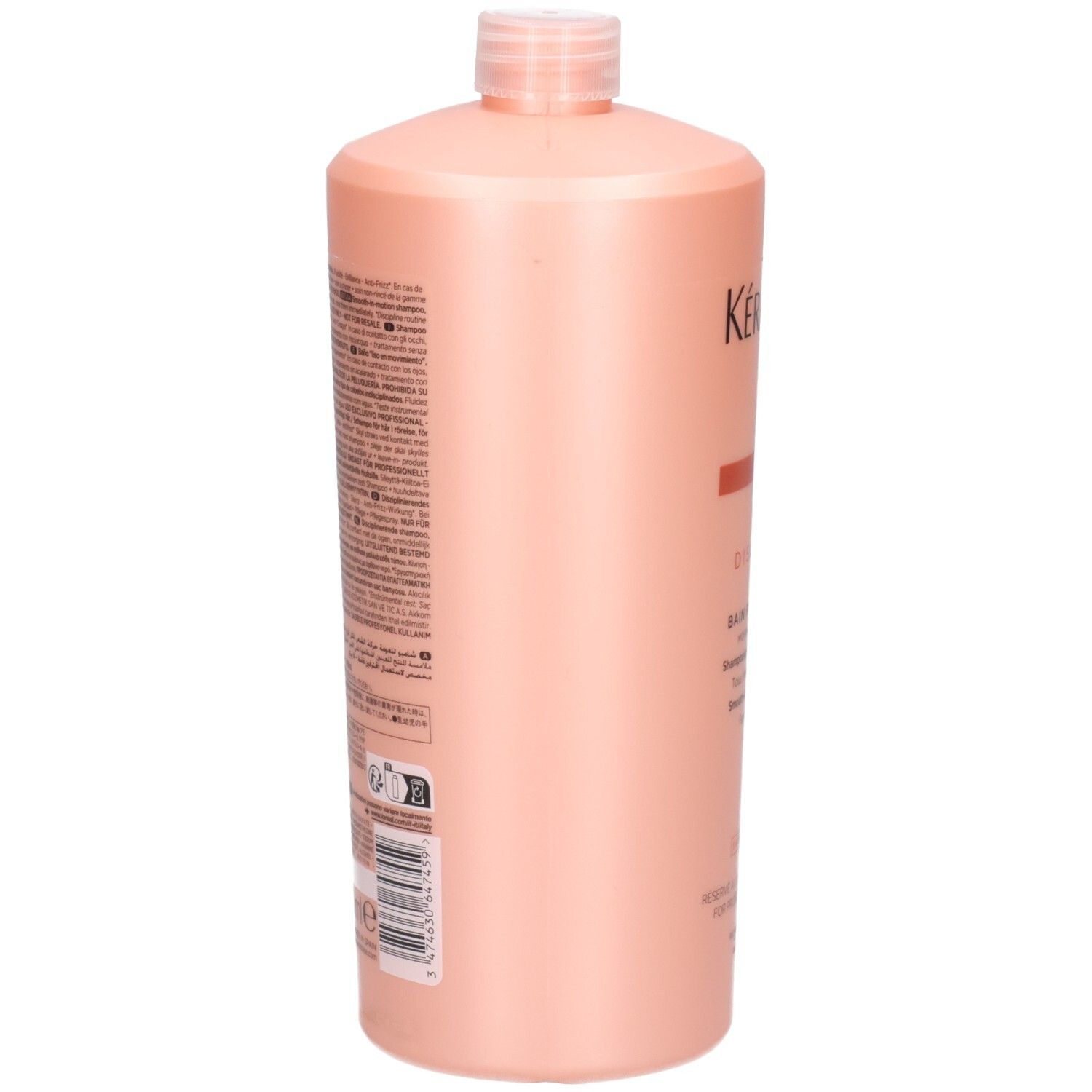 Arrière du flacon de shampooing Kérastase Discipline Bain Fluidealiste avec texte.