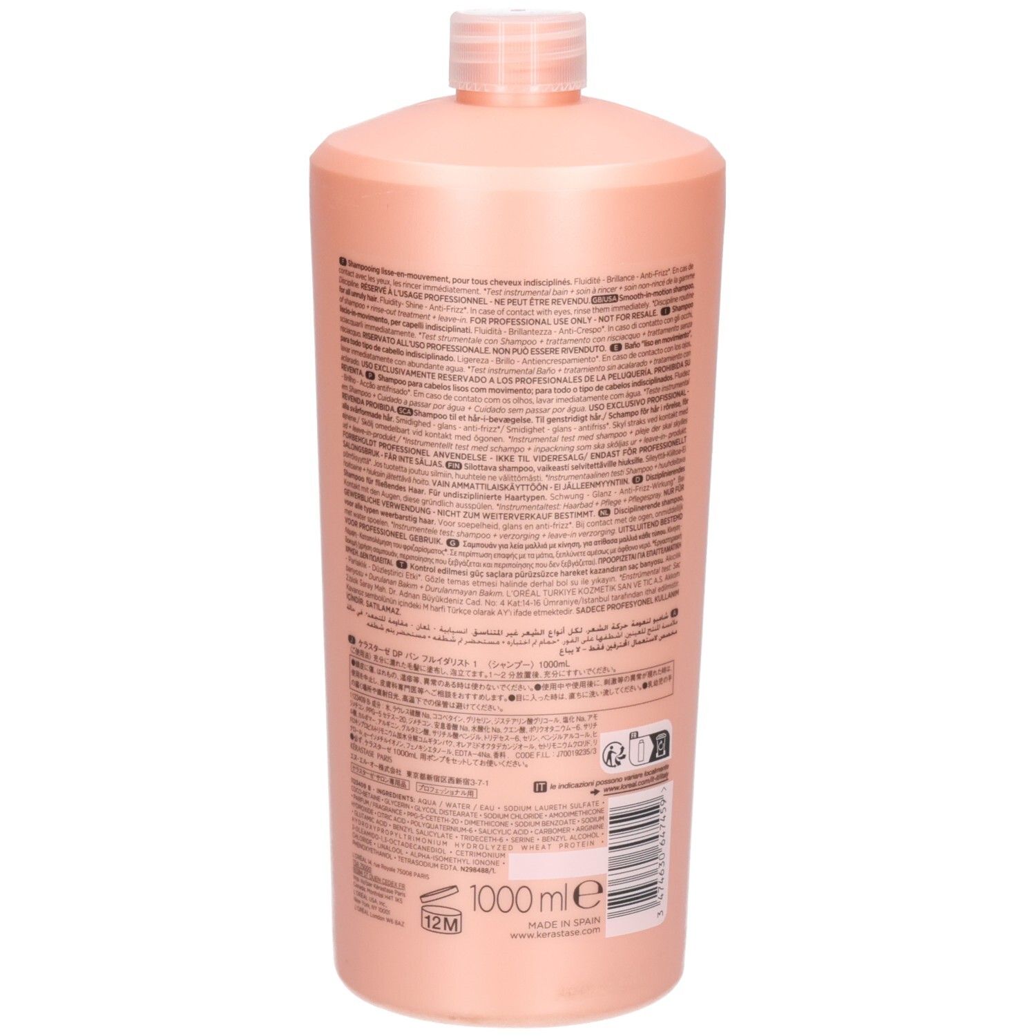 Arrière du flacon de shampooing Kérastase Discipline Bain Fluidealiste, 1000 ml.