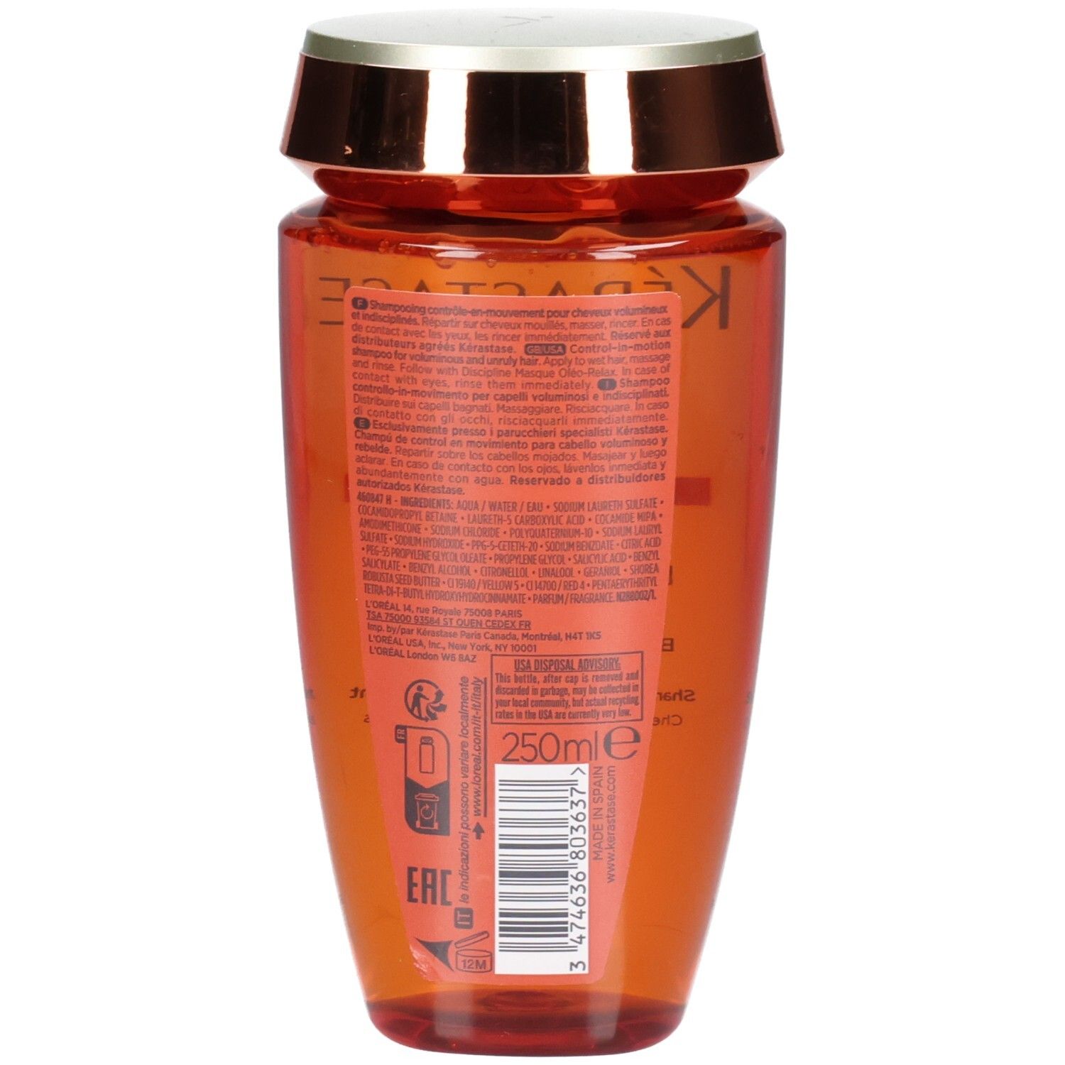 Kérastase Discipline Bain Oleo-Relax Shampoo, 250ml, achterkant van de oranje fles met etiket.