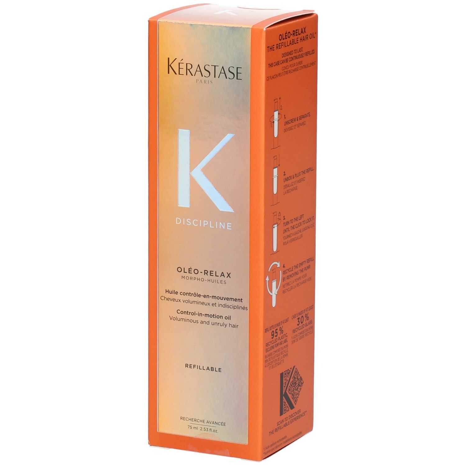 Kérastase Discipline Oléo-Relax Huile Rechargeable dans son emballage orange avec instructions.