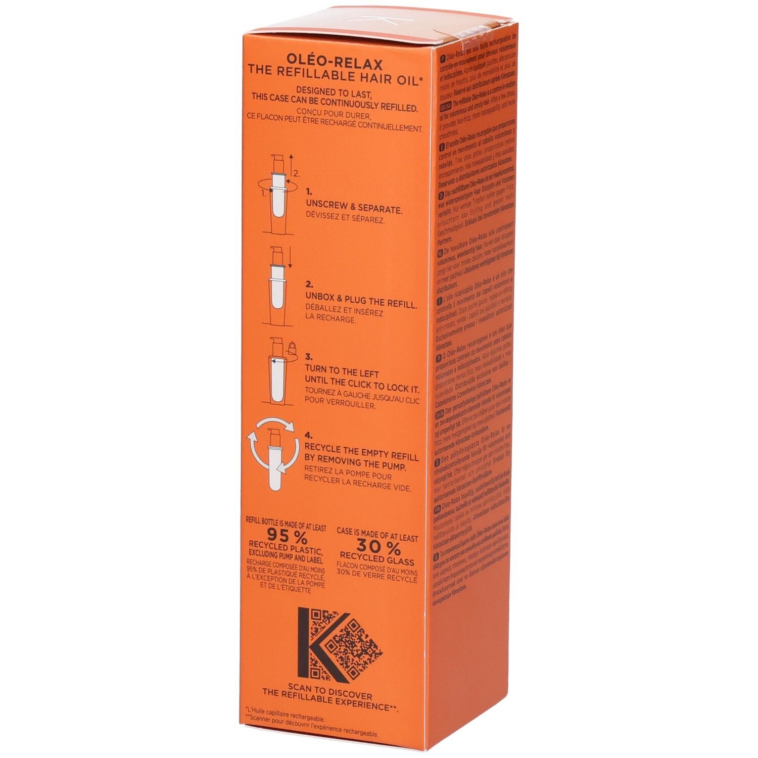 Kérastase Discipline Oléo-Relax Huile Rechargeable, verso de l'emballage orange avec instructions de recharge et infos recyclage.