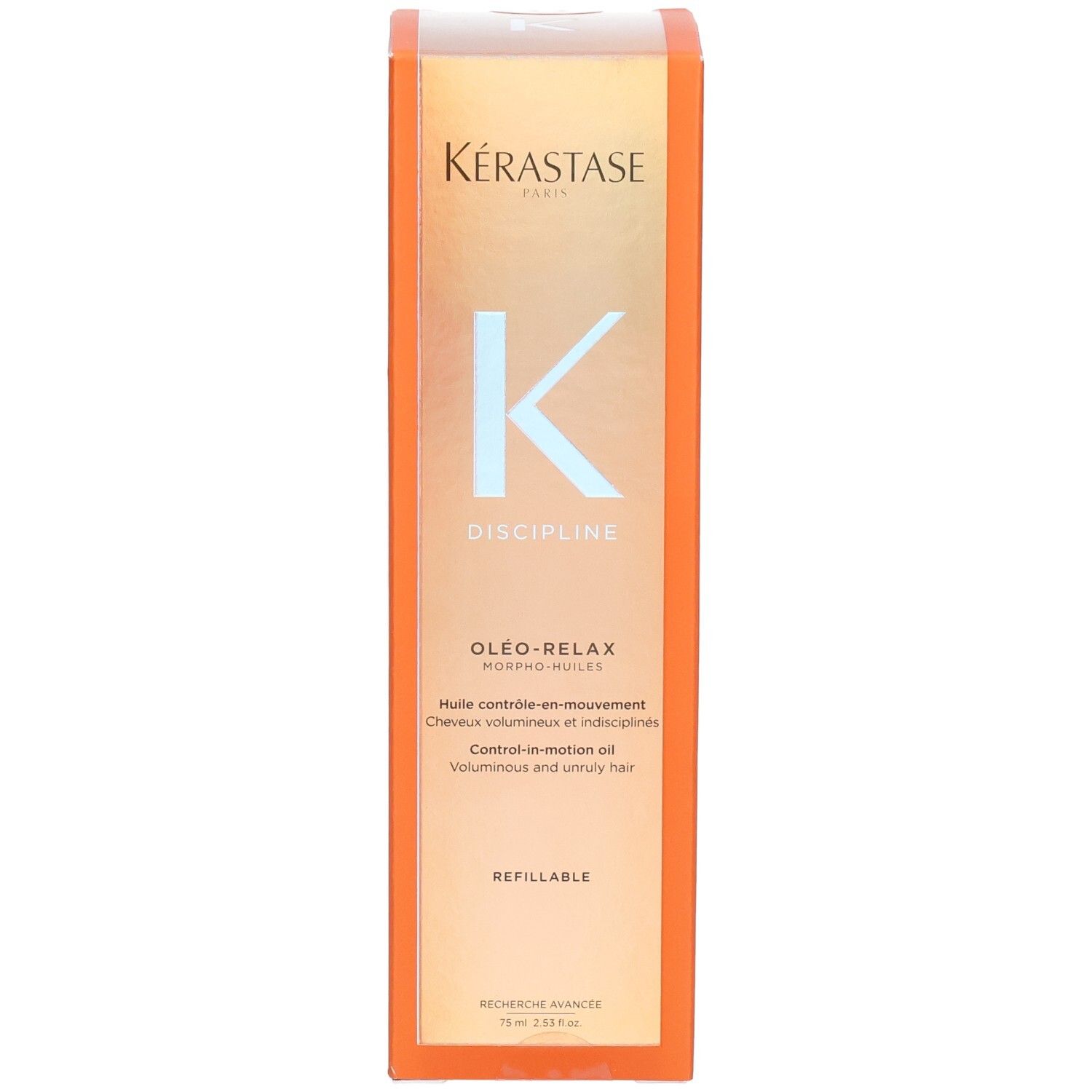 Kérastase Discipline Oléo-Relax Huile Rechargeable dans son emballage orange, face avant avec logo et nom du produit.