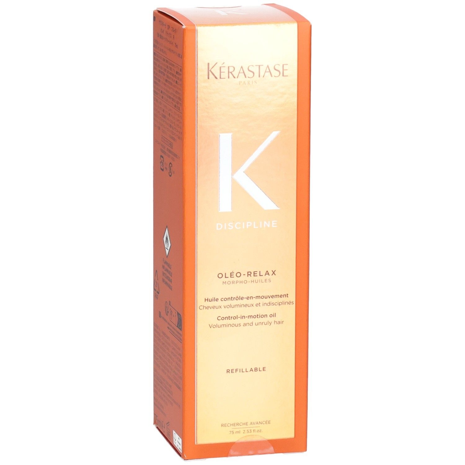 Kérastase Discipline Oléo-Relax Huile Rechargeable, face avant de l'emballage orange avec logo et nom du produit.