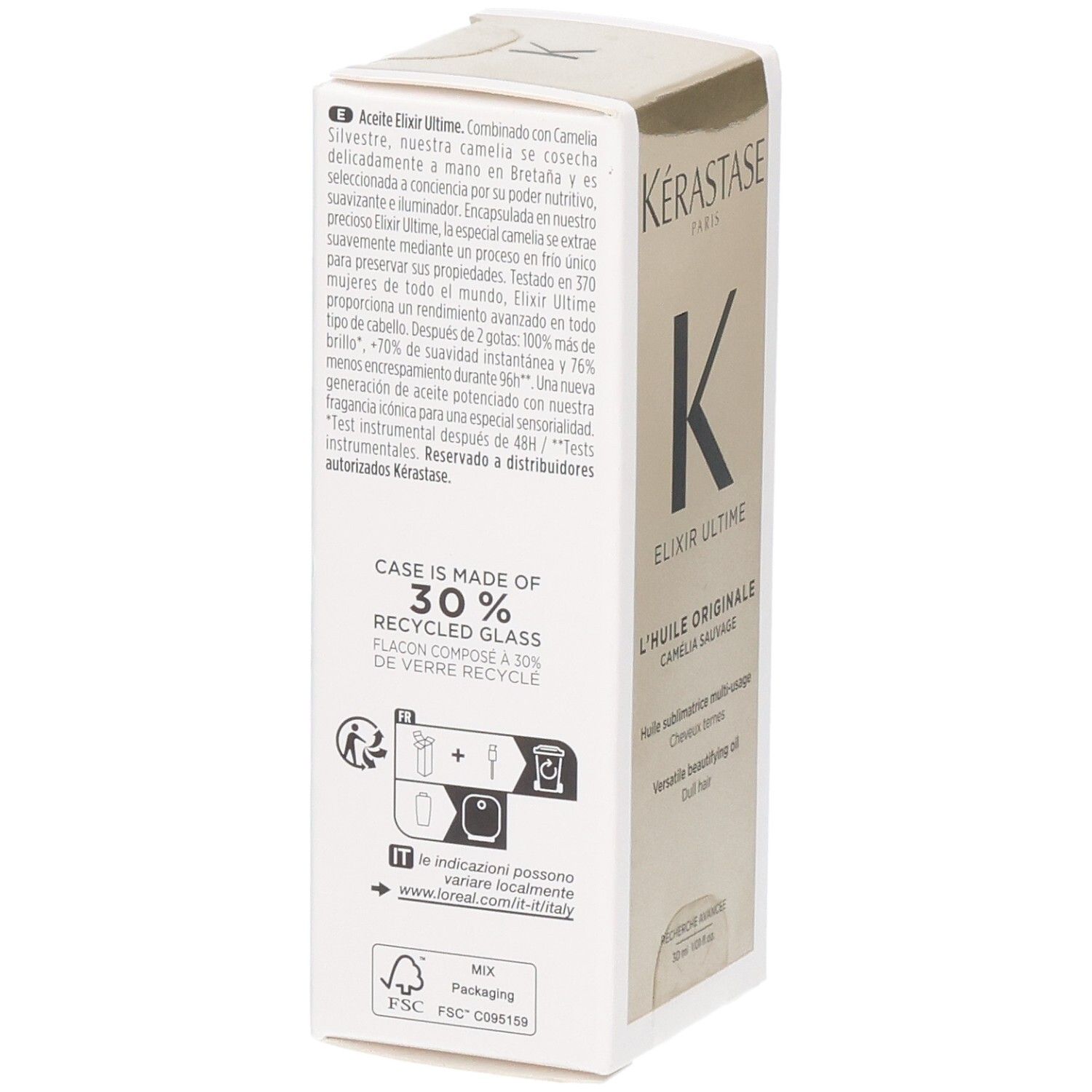 KÉRASTASE Elixir Ultime L’Huile Originale, flacon en verre recyclé à 30%.