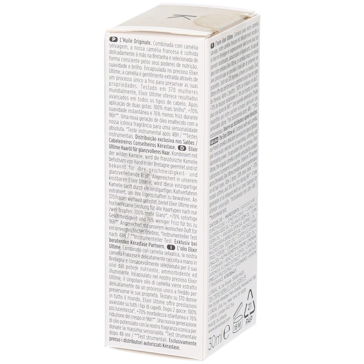 KÉRASTASE Elixir Ultime L’Huile Originale, informations en français, anglais et allemand.