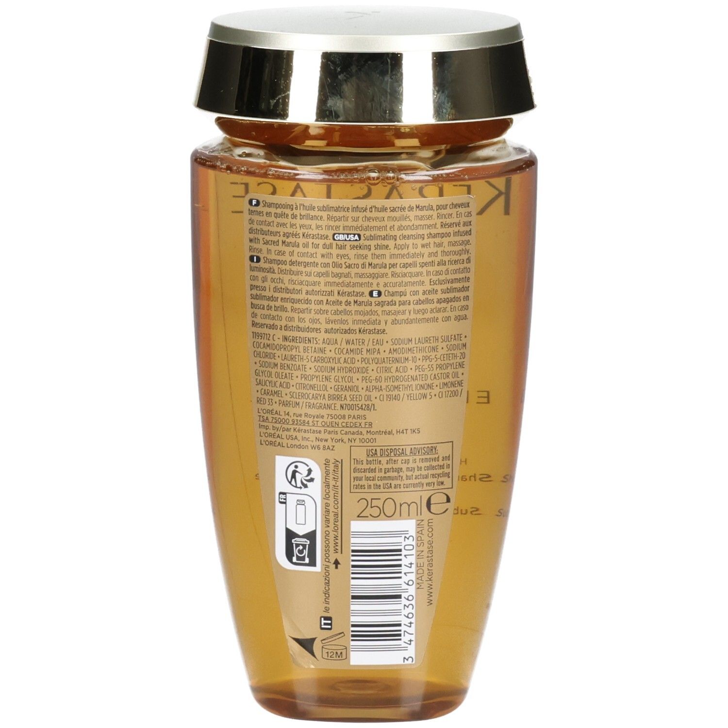 Arrière du flacon de shampooing Kérastase Elixir Ultime Le Bain 250ml avec informations produit.