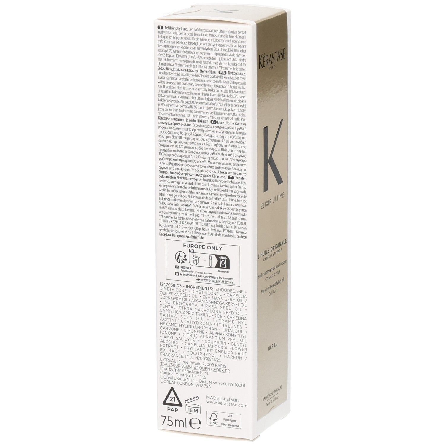Kérastase Elixir Ultime Navulling: Achterkant met ingrediënten en instructies.