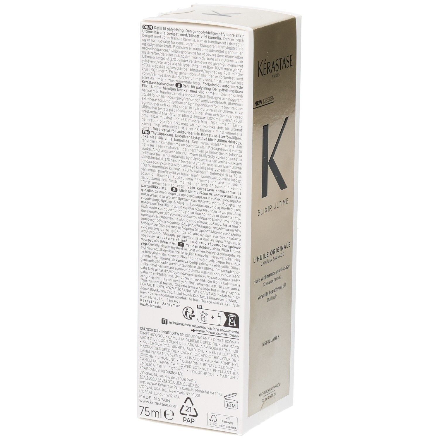 Arrière de l'emballage Kérastase Elixir Ultime L’Huile Originale avec ingrédients et instructions d'utilisation multilingues.