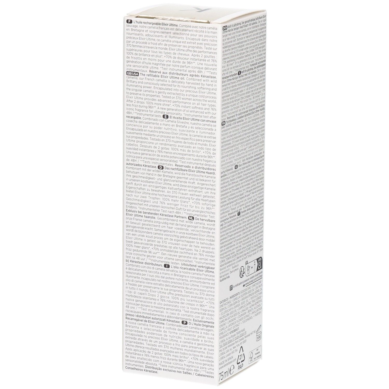 Vue latérale de l'emballage Kérastase Elixir Ultime L’Huile Originale avec informations textuelles détaillées.