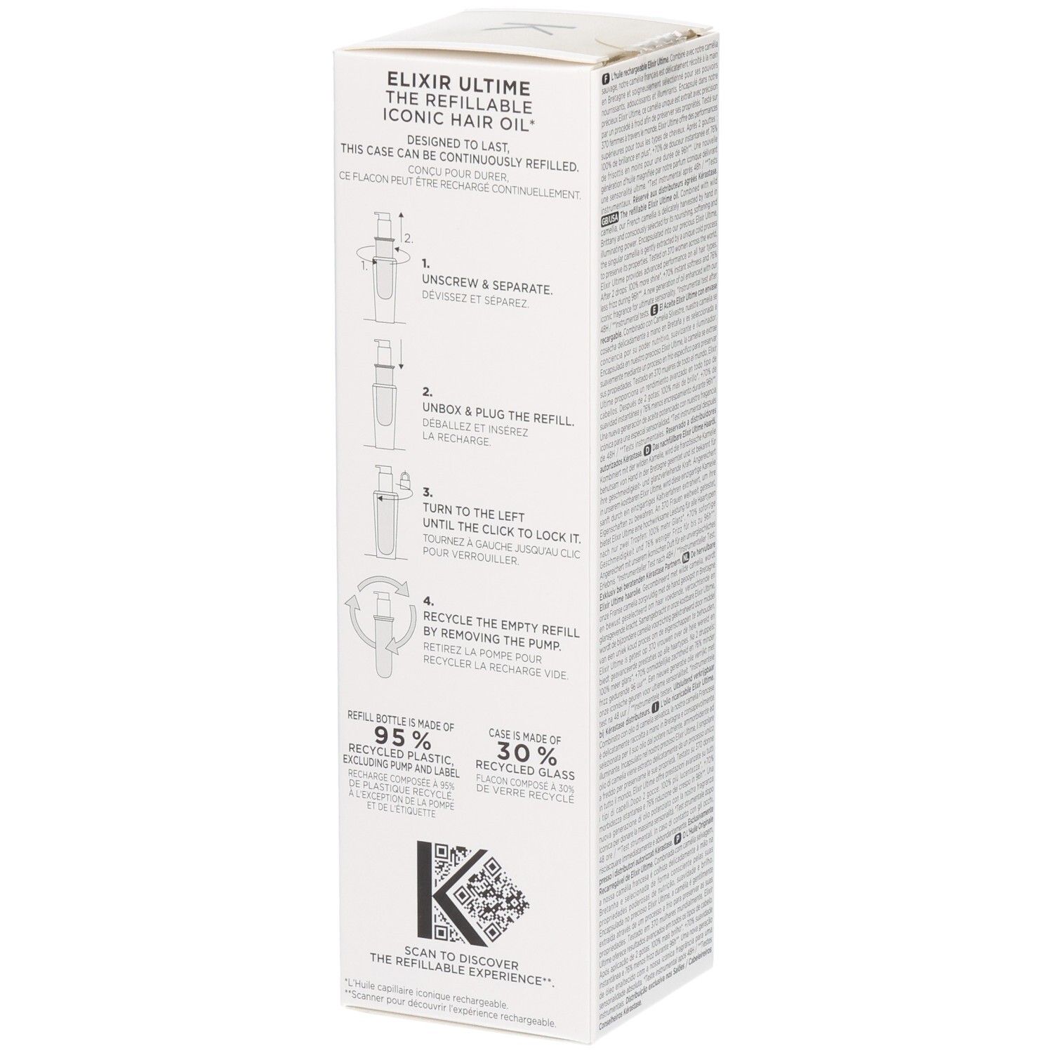 Emballage Kérastase Elixir Ultime L’Huile Originale avec instructions de recharge et informations sur le recyclage.