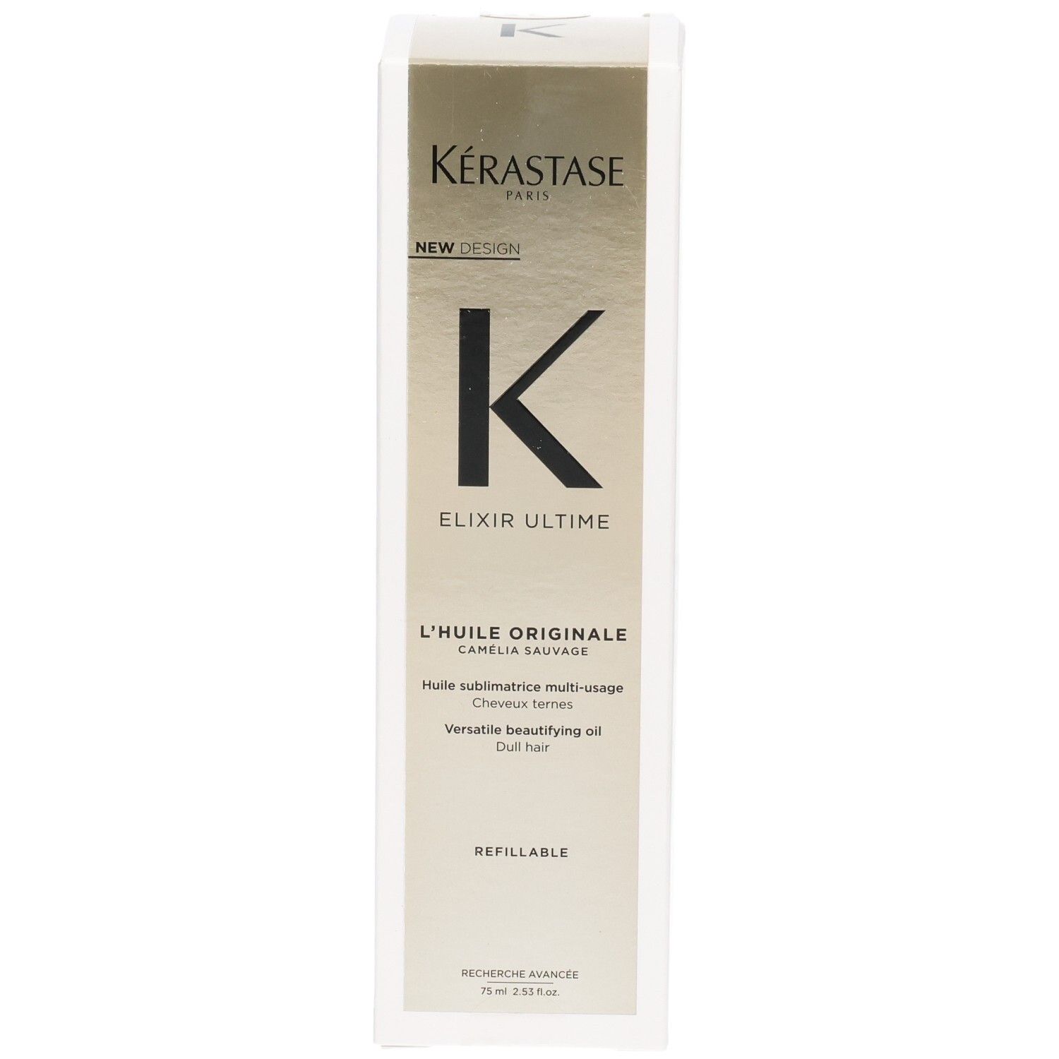 Face avant de l'emballage Kérastase Elixir Ultime L’Huile Originale avec nom de marque et désignation du produit.