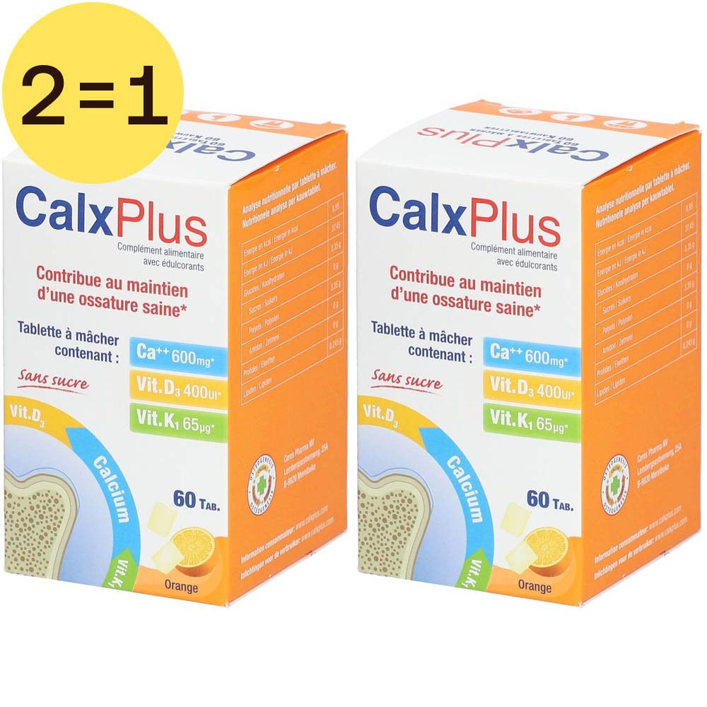 Twee CalxPlus dozen, oranje design, met productinformatie en de vermelding "2=1".