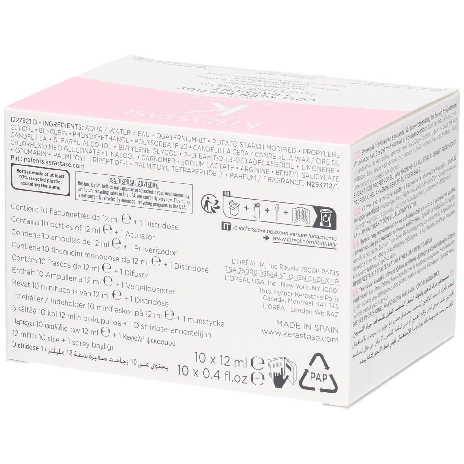 Kérastase Fusio-Dose Booster Brillance verpakking met ingrediënten en dosering.