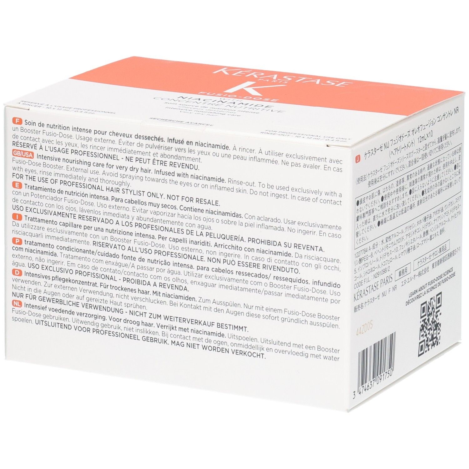 Boîte Kérastase Fusio-Dose Concentré Niacinamide Oleo-Fusion avec informations produit et code-barres.