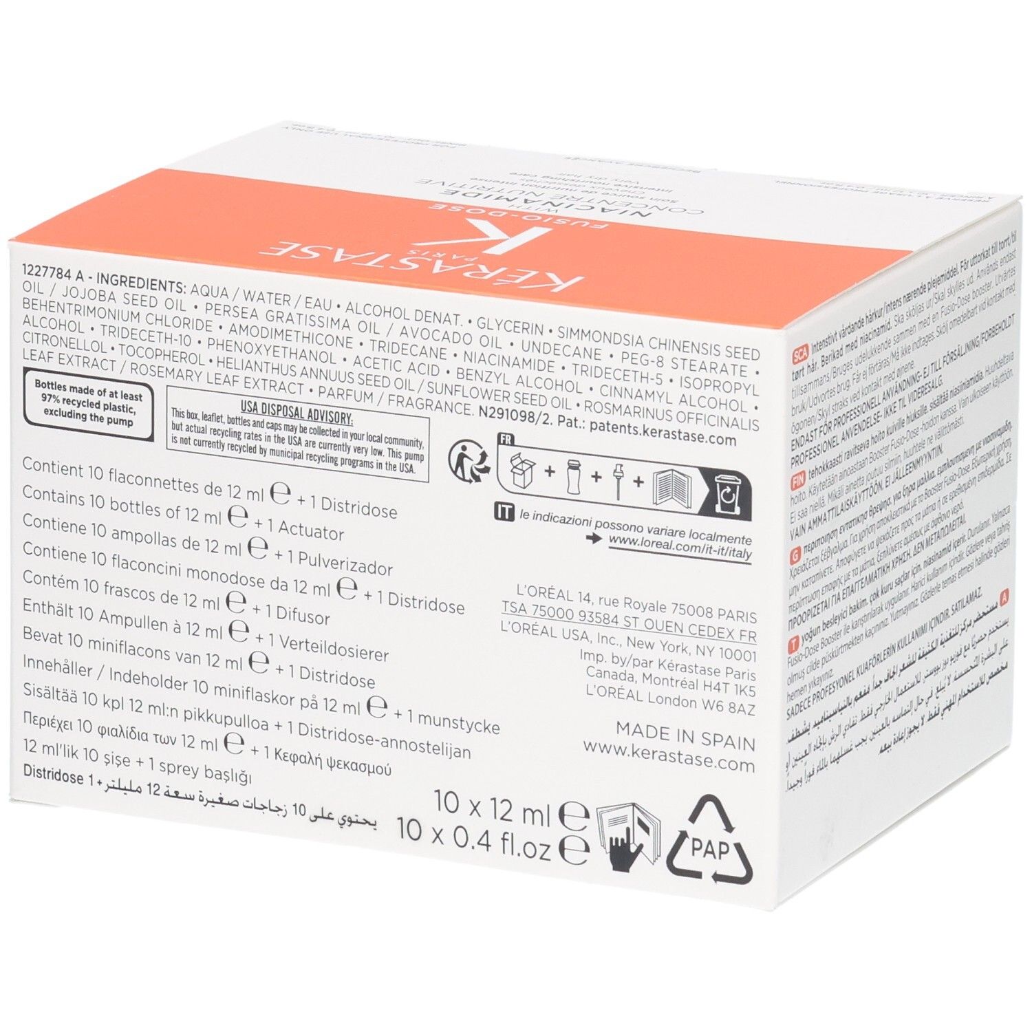 Boîte Kérastase Fusio-Dose Concentré Niacinamide Oleo-Fusion avec ingrédients et détails d'emballage.