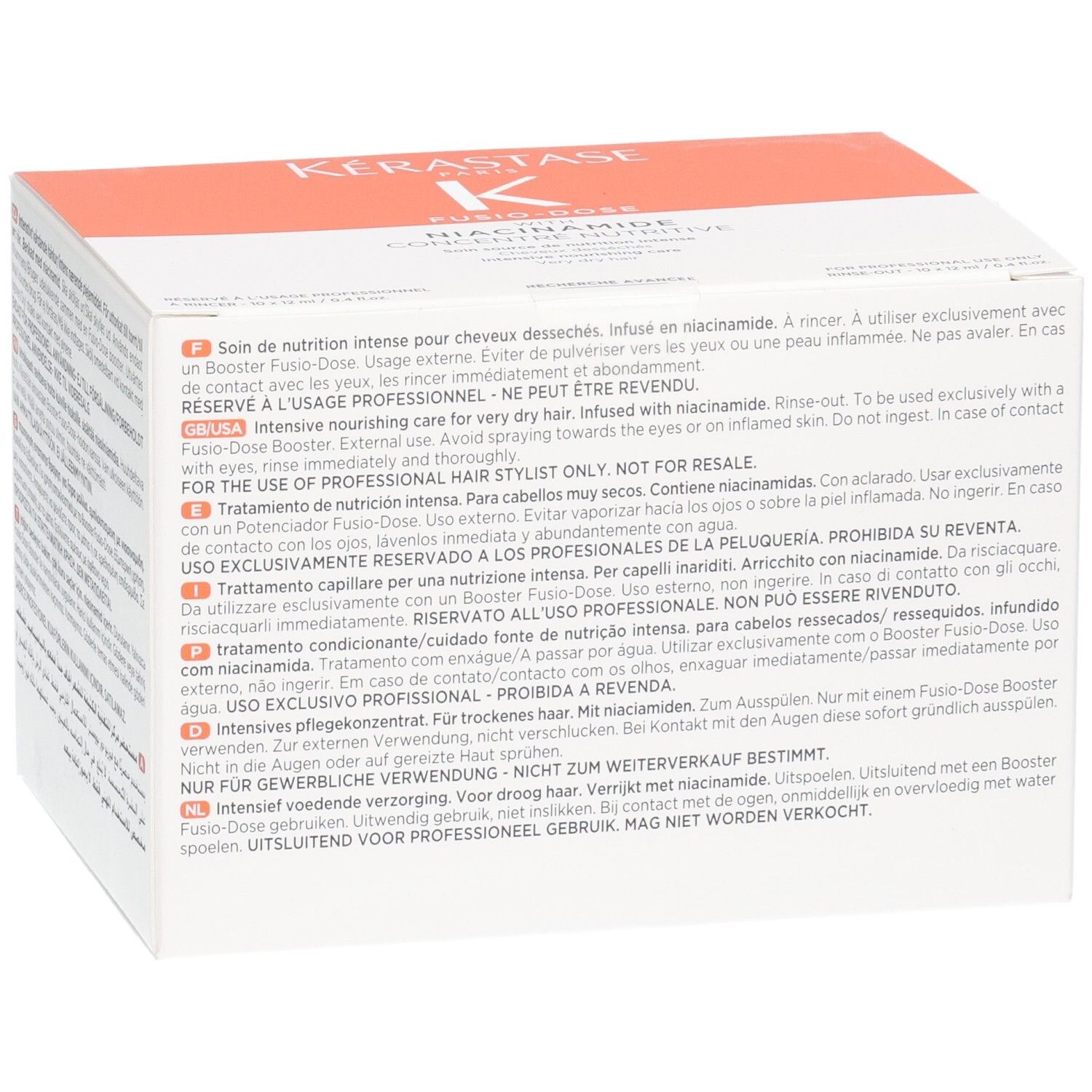 Boîte Kérastase Fusio-Dose Concentré Niacinamide Oleo-Fusion avec nom du produit et instructions d'utilisation.