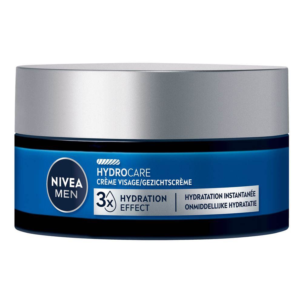 NIVEA MEN HYDROCARE Crème Visage/Gezichtscrème. 3x Hydration Effect. Pot met zilveren deksel en blauwe band.