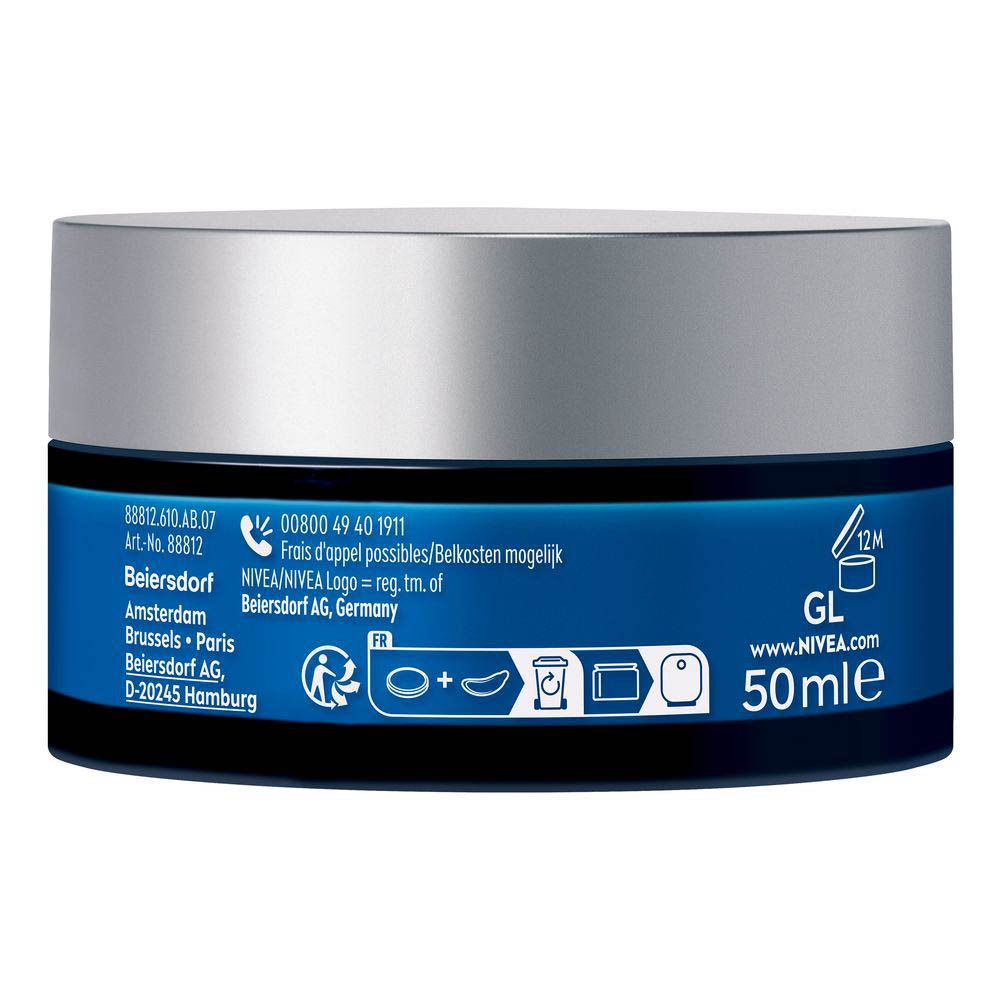 Achterkant van de crème pot. Informatie over fabrikant, ingrediënten en contact. 50ml.