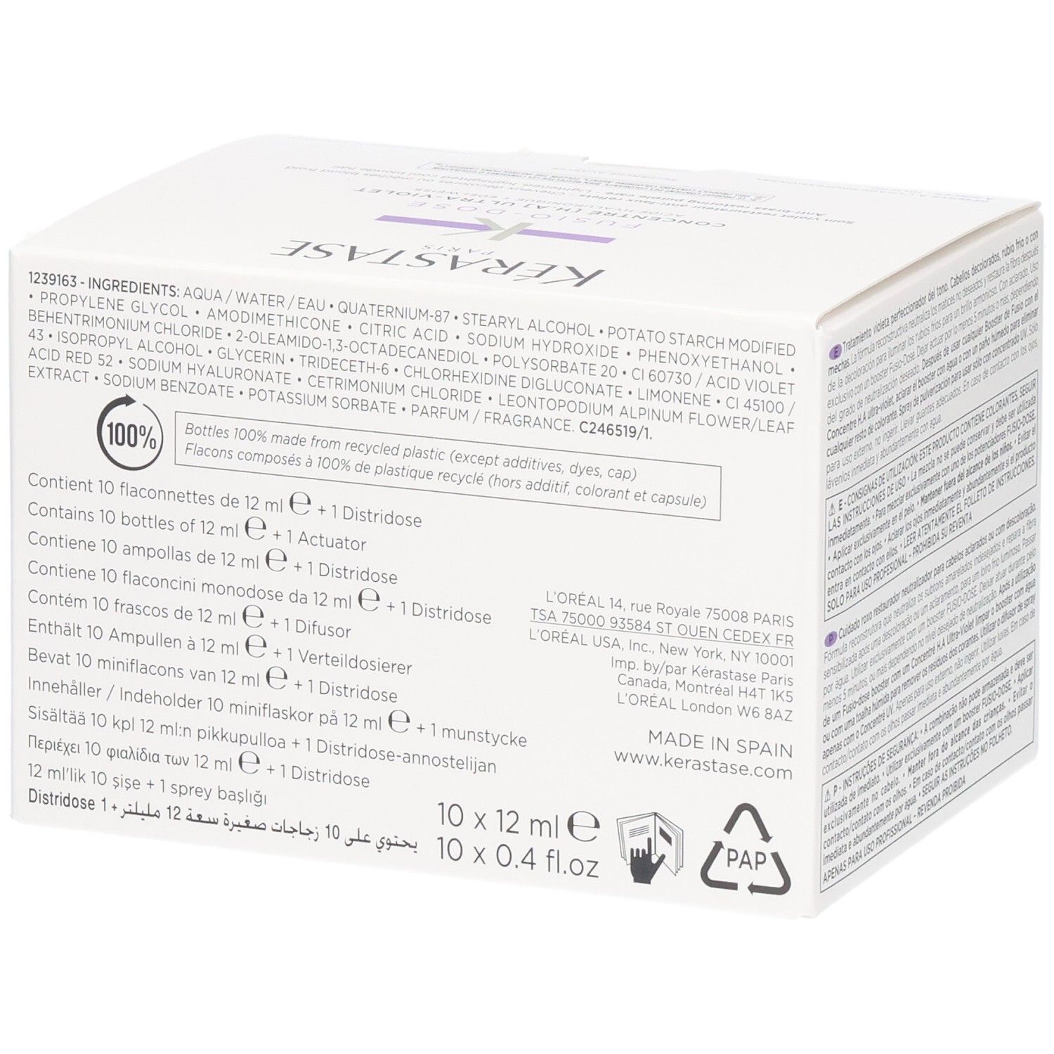 Boîte Kérastase Fusio-Dose Concentré Nutritive avec liste d'ingrédients et symbole 100% recyclé.
