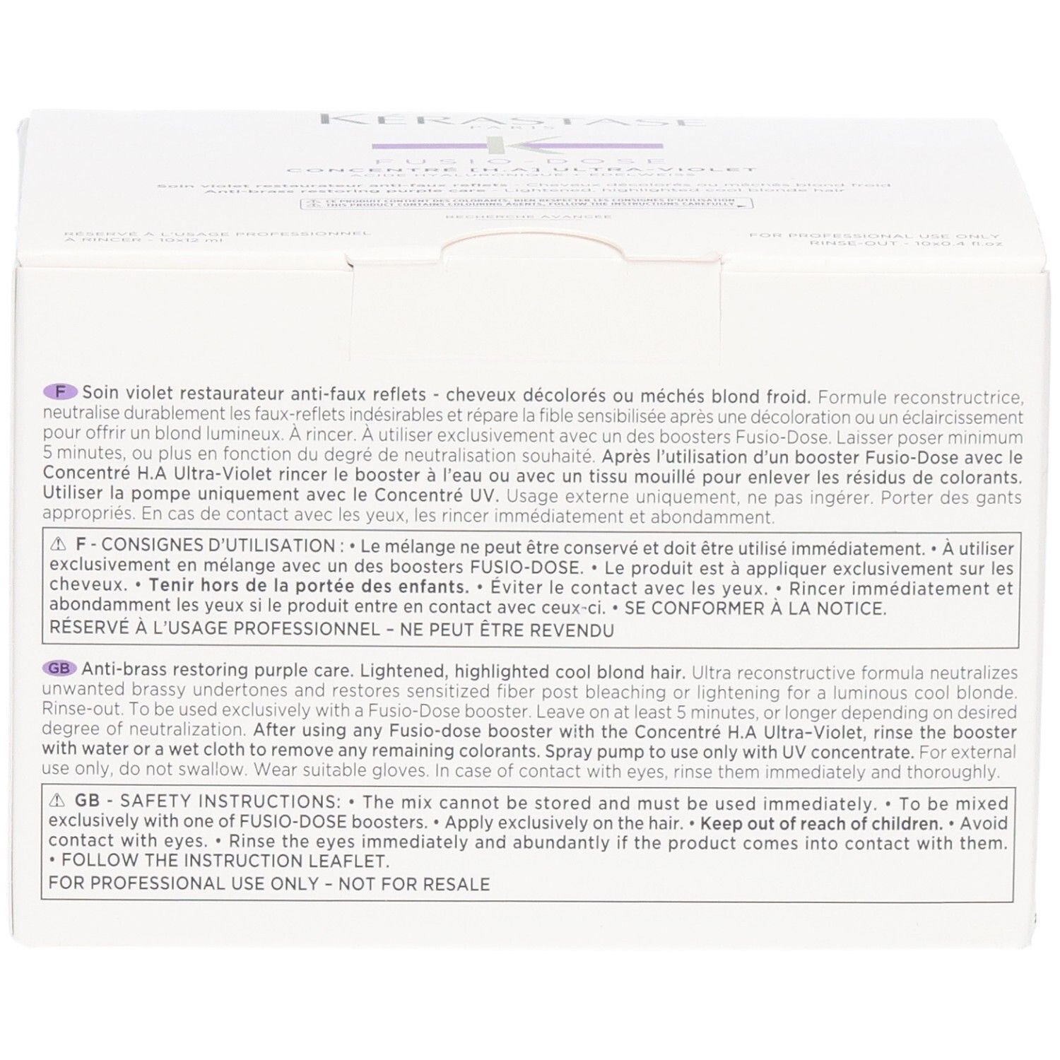 Boîte Kérastase Fusio-Dose Concentré Nutritive avec consignes de sécurité et d'utilisation en français et anglais.