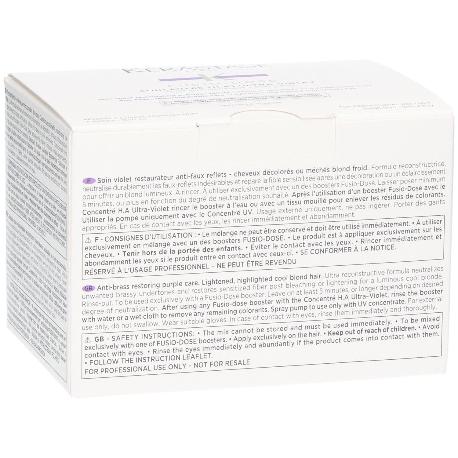 Boîte Kérastase Fusio-Dose Concentré Nutritive avec consignes de sécurité et d'utilisation en anglais et français.