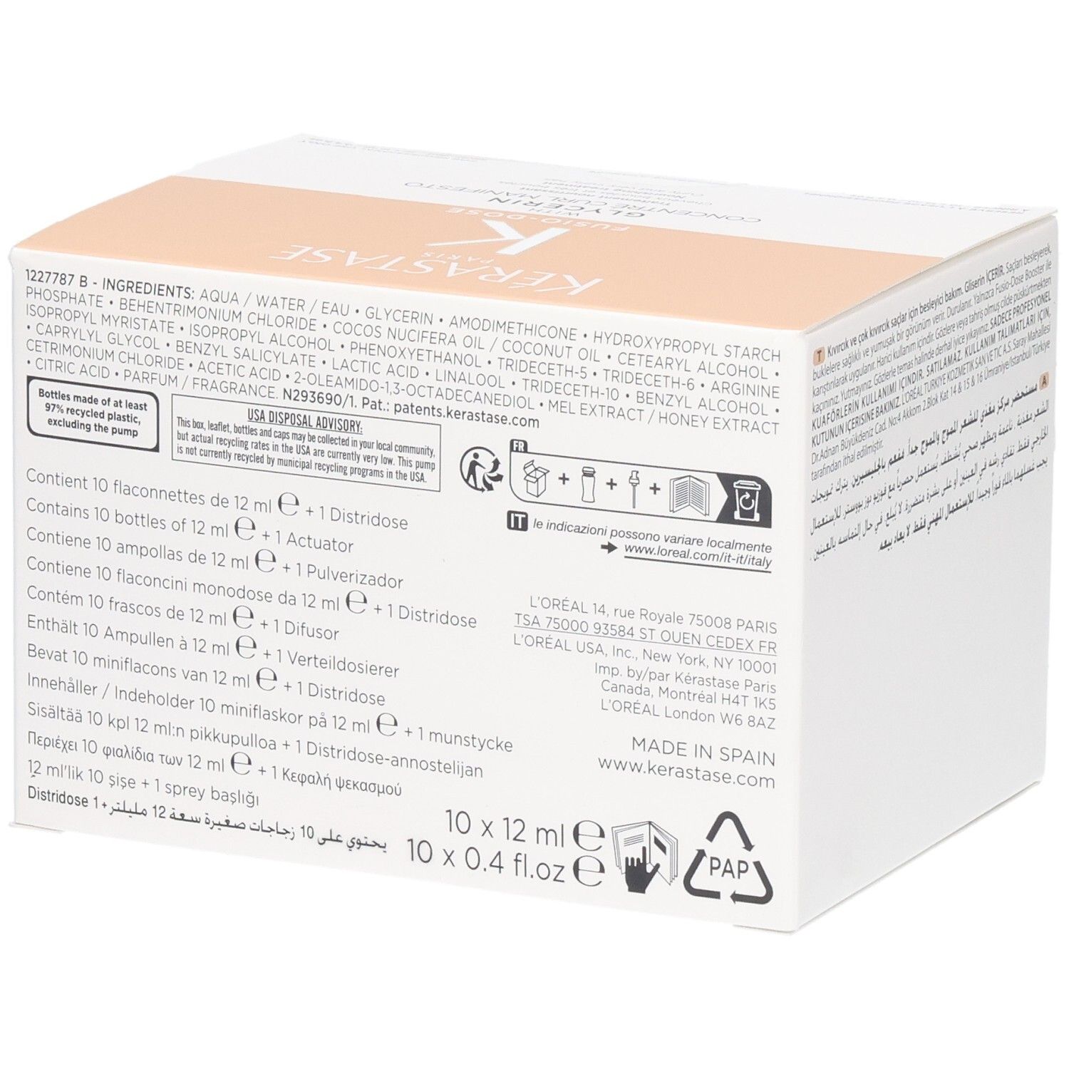 Kérastase Fusio-Dose Concentré Curl Manifesto doos, zijkant met ingrediënten en hoeveelheden.