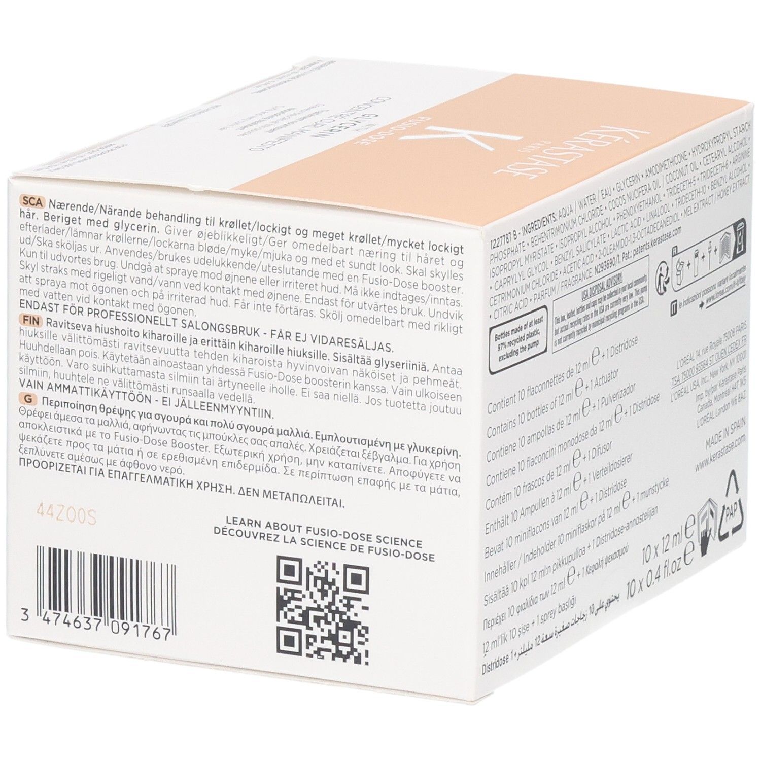 Kérastase Fusio-Dose Concentré Curl Manifesto doos, zijkant met instructies.