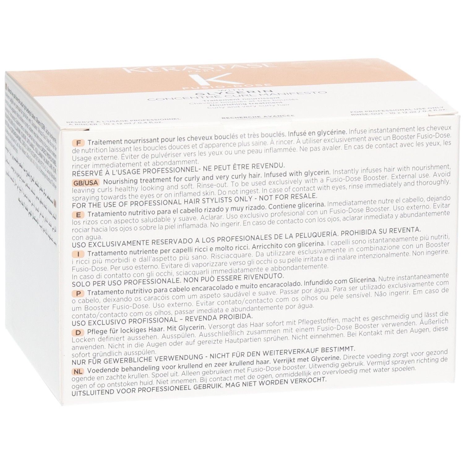 Kérastase Fusio-Dose Concentré Curl Manifesto doos, zijkant met instructies.