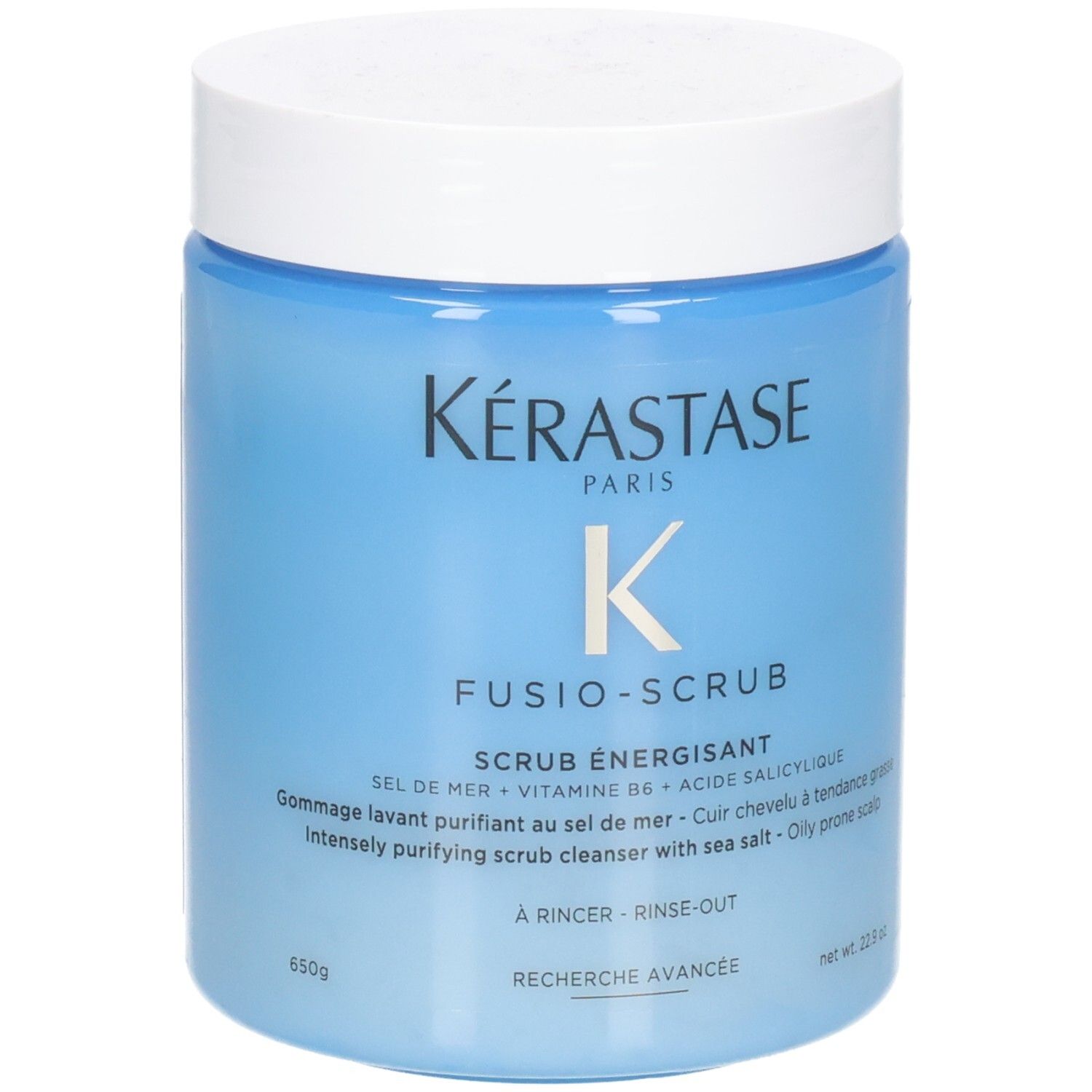 Kérastase Fusio-Scrub : Shampoo-gommage purifiant intense au sel marin pour cuir chevelu gras.