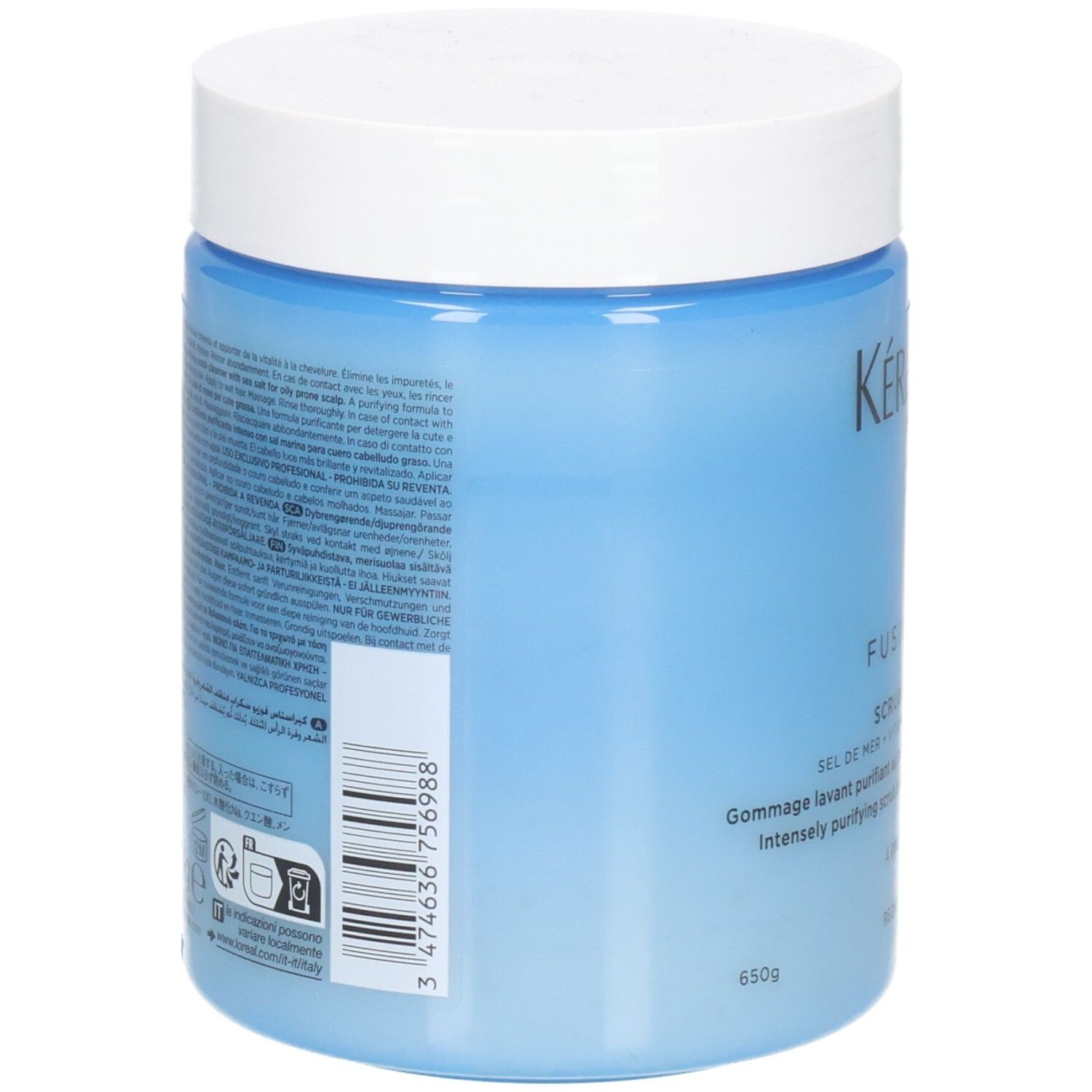 Kérastase Fusio-Scrub : Arrière du pot avec informations produit et code-barres.