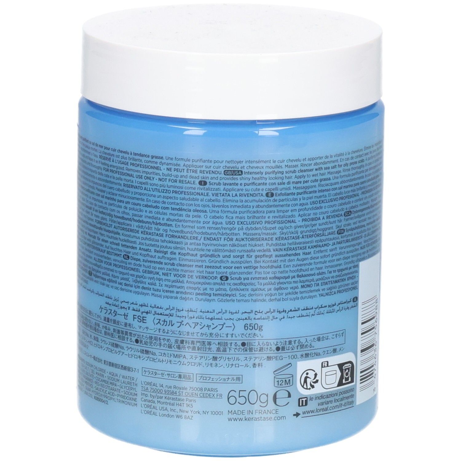 Kérastase Fusio-Scrub : Arrière du pot avec instructions détaillées et liste des ingrédients.