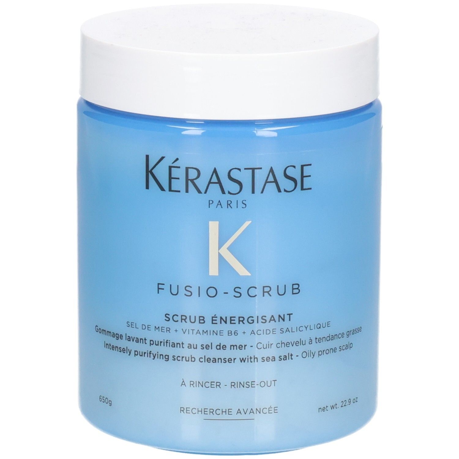Kérastase Fusio-Scrub : Shampoo-gommage purifiant intense au sel marin pour cuir chevelu gras.