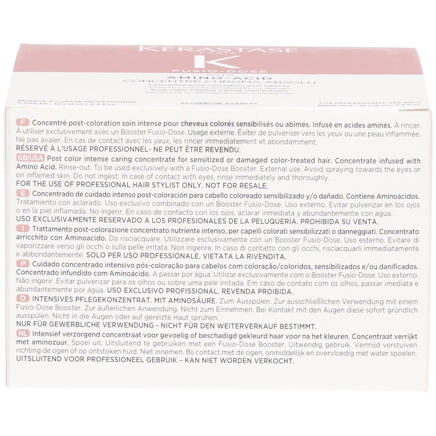 Boîte Kérastase Fusio-Dose Concentré Genesis avec instructions d'utilisation détaillées en plusieurs langues.