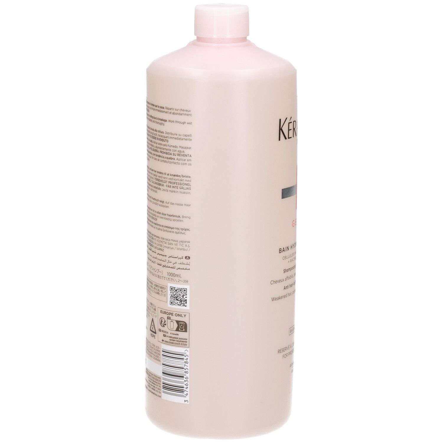 Arrière du flacon Kérastase Genesis Bain Hydra-Fortifiant Shampooing 1000ml avec informations.