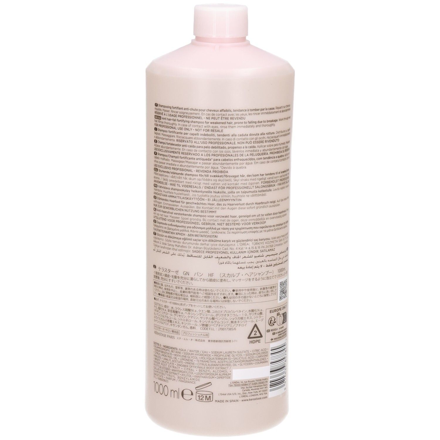 Arrière du flacon Kérastase Genesis Bain Hydra-Fortifiant Shampooing 1000ml avec détails et code-barres.