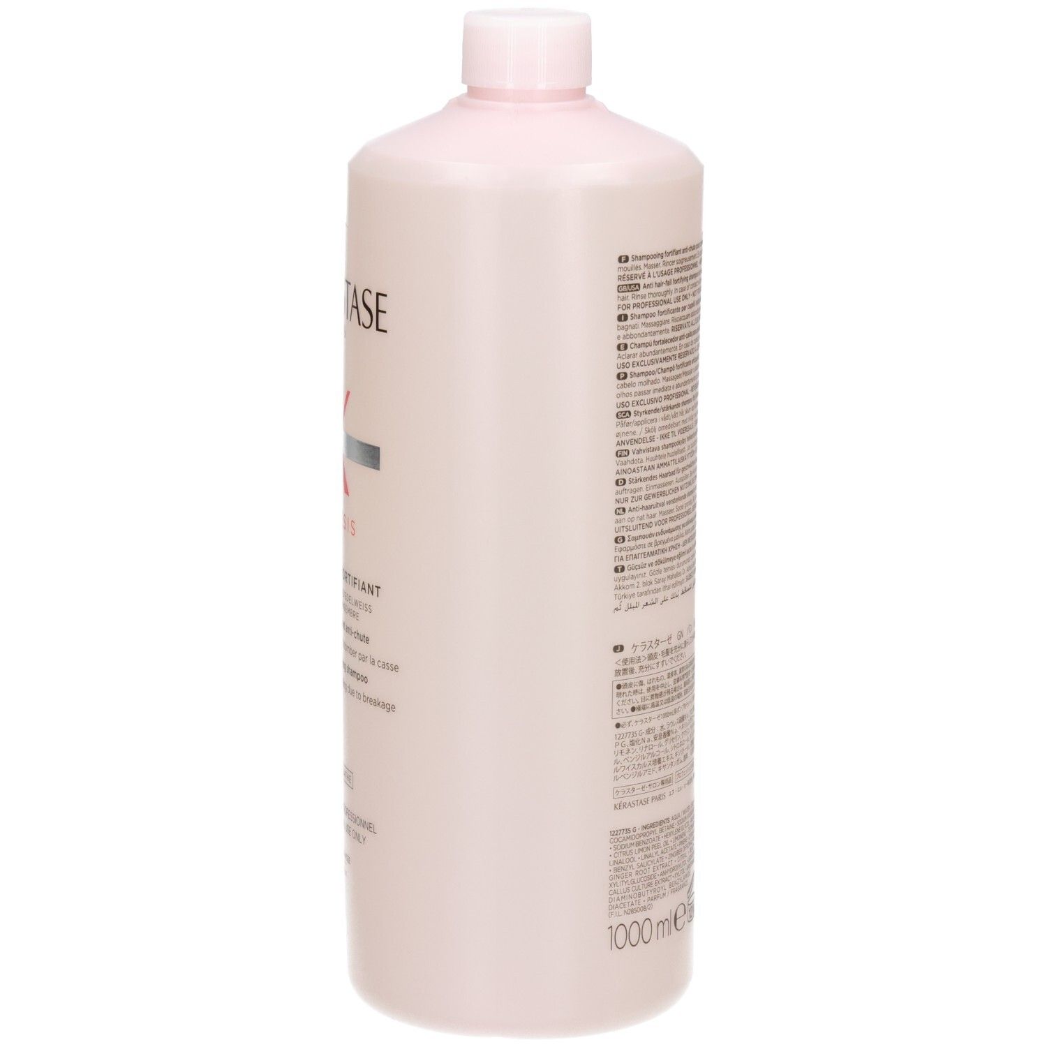 Vue latérale du flacon Kérastase Genesis Bain Hydra-Fortifiant Shampooing 1000ml avec texte.