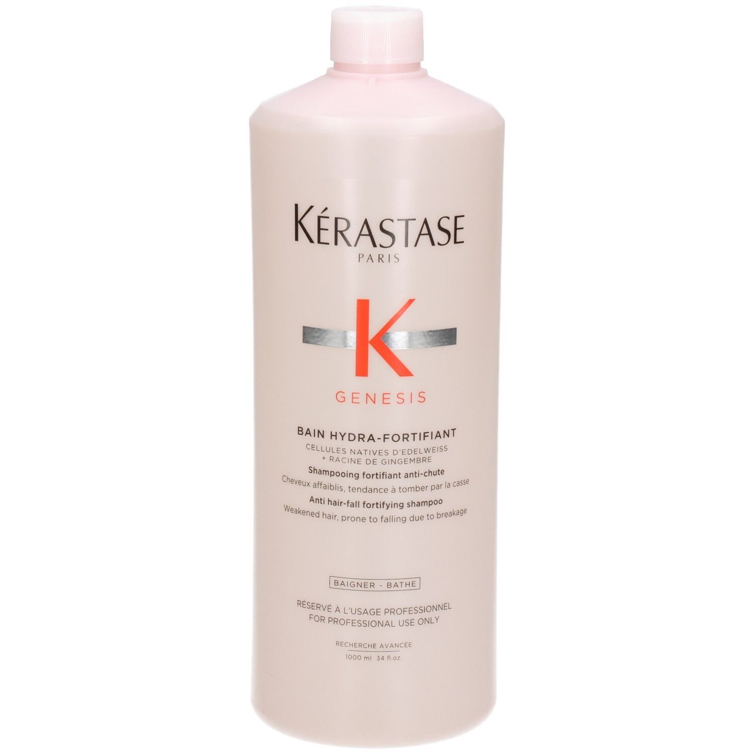 Vue de face du flacon Kérastase Genesis Bain Hydra-Fortifiant Shampooing 1000ml avec logo et nom.